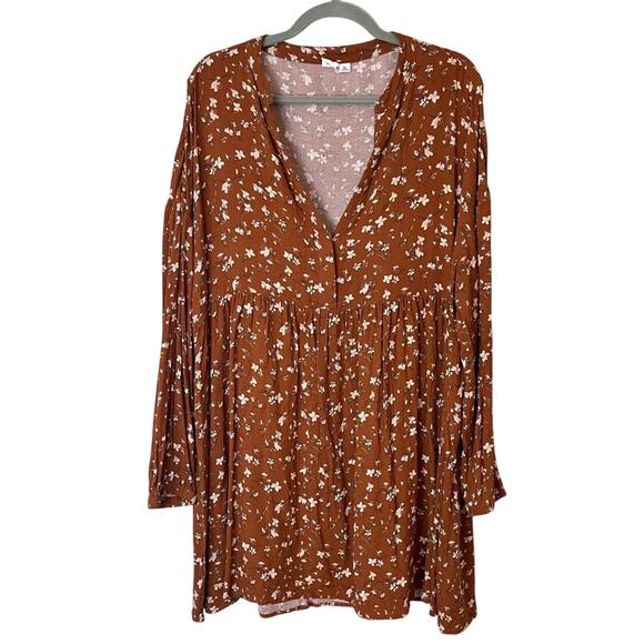 Tentree Willows Collared Tiered Long Sleeve Floral Dress Toffee Cornstalk Orange - Picture 2 of 9